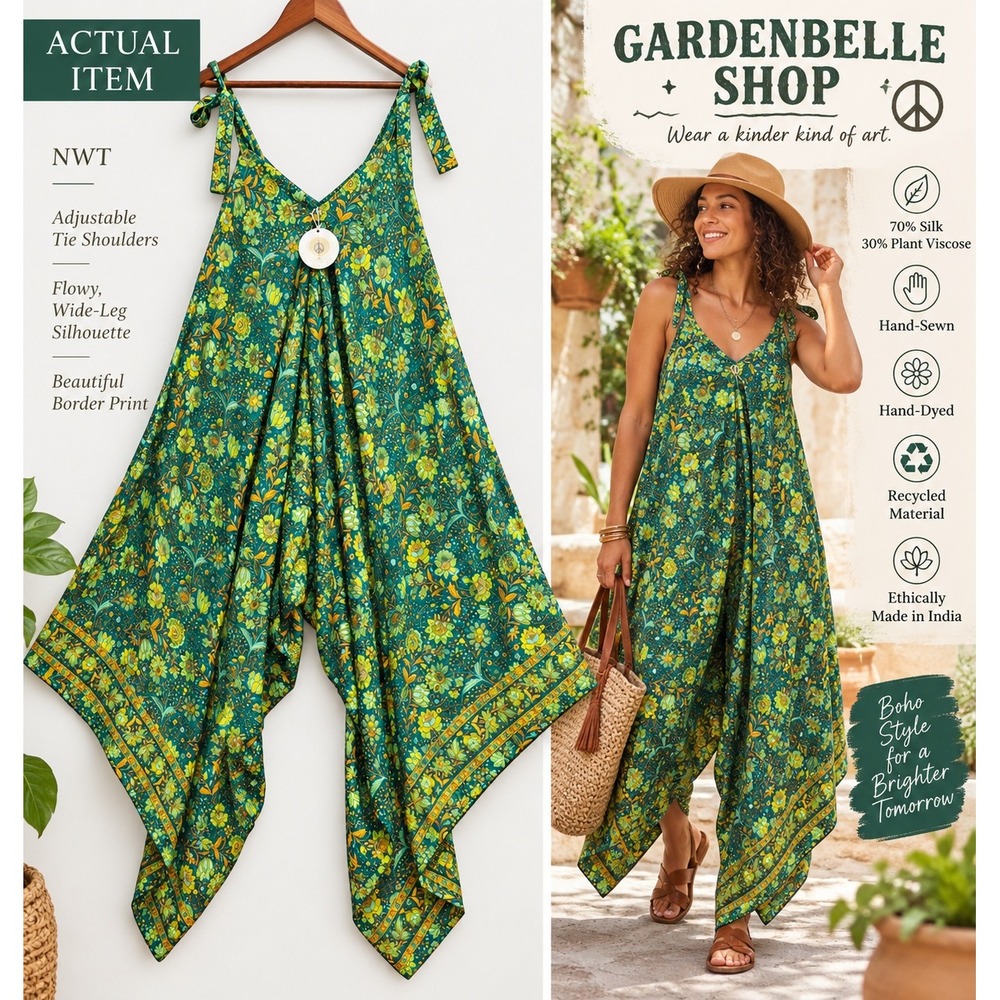 Gardenbelle Shop Jumpsuit Womens OS Green Floral Silk Blend Wide Leg Tie NWT